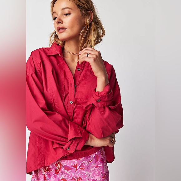 NEW Free People Remade Poplin Shirt In Punch Pink - Picture 2 of 13